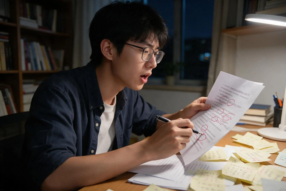 學生在書桌前朗讀自己的文章,一手拿筆逐句圈出要改寫的句子。