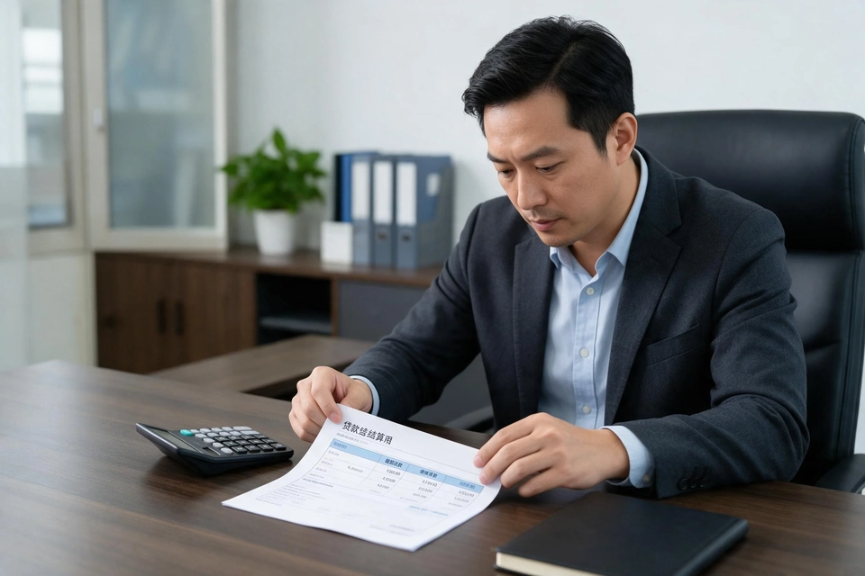 辦公室內一名老闆在桌前對照貸款結算單與計算機，正比較還款數字。
