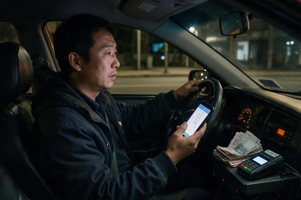 深夜的士車廂內,司機坐在駕駛座用手機記錄當晚車費,儀表板旁放著一疊現金。