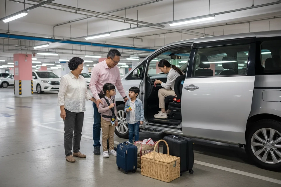 一家大細喺停車場上七人車，爸爸扶長輩，媽媽幫小朋友扣安全帶。