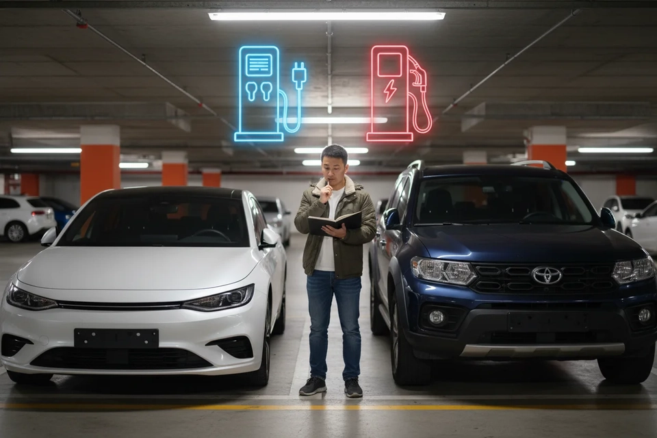 停車場裡一位車主站在並排的電動車與燃油車之間，手拿筆記本比較兩車開支。