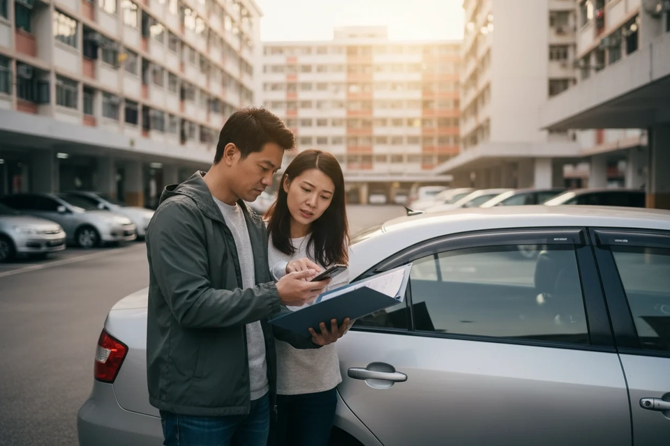 車主站在私家車旁翻看貸款文件，對照手機裏的收支紀錄。