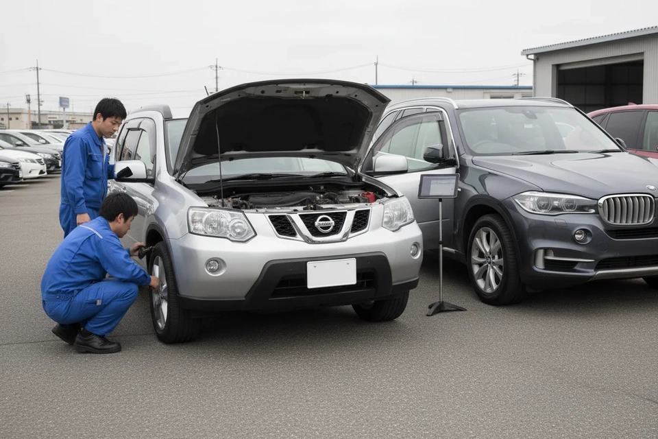 車場內檢測員打開車門查看日系 SUV 的內籠，旁邊停着一部大型歐系 SUV。