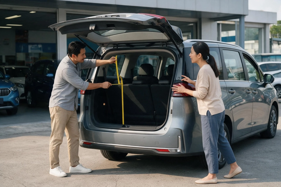 一家四口在車行展廳圍著七人車,爸爸打開尾門查看行李空間,媽媽指著後座跟小朋友說話。