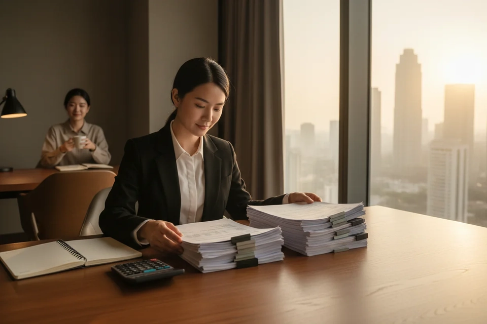 專業人士在書桌前把股息與版稅文件分類疊好，旁邊放著筆記本與計算機。