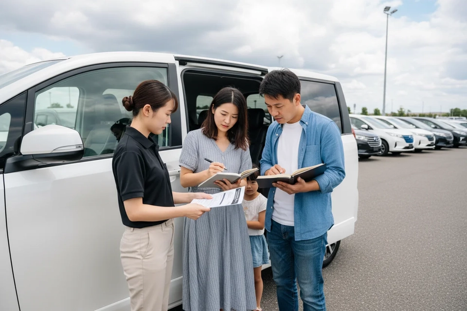 一家四口在二手車場查看七人電動車，銷售員遞上電池檢測紀錄。