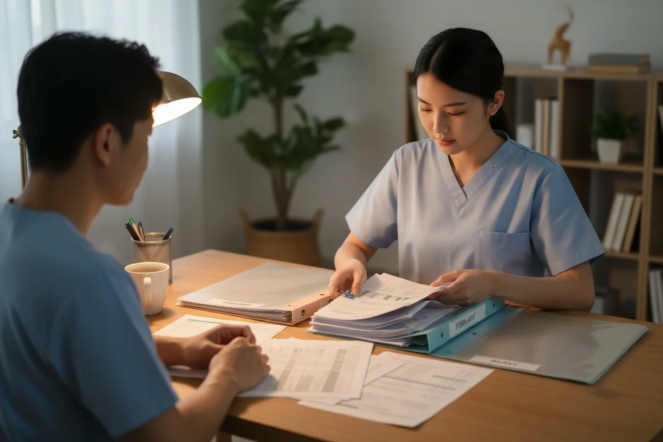 護士在書桌前把糧單與銀行月結單按月份排好，逐一收進文件夾。