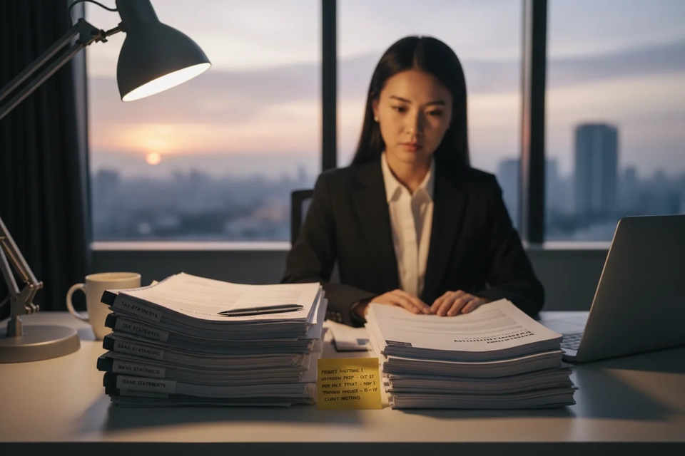 深夜書桌前，一個人把舊稅單與新聘書並排攤開，低頭對照兩段收入的時間。