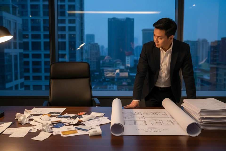 辦公桌一邊擺著信用卡與零碎單據,另一邊擺著店舖平面圖與採購清單,老闆站著端詳兩邊。