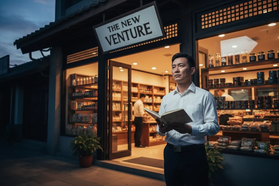 創業者站在店鋪門前翻看帳簿，店內燈光亮着、貨架整齊。