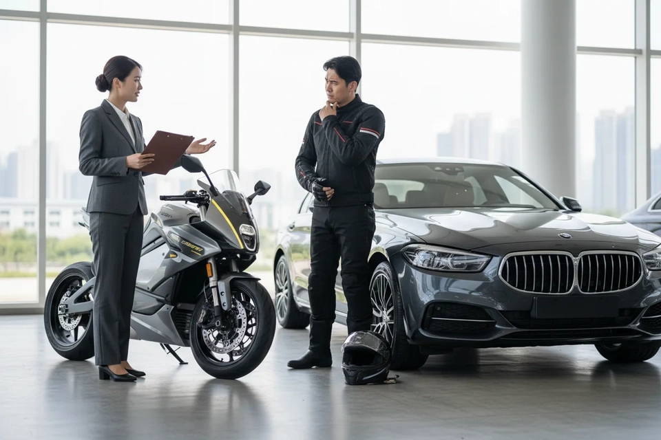 車行內一名鐵騎士站在電單車與房車之間,銷售人員持文件夾在旁講解比較。