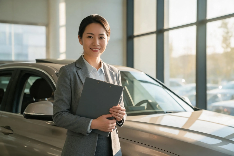 教師站在汽車展廳的新車旁,手持文件夾從容微笑,準備作出買車決定。