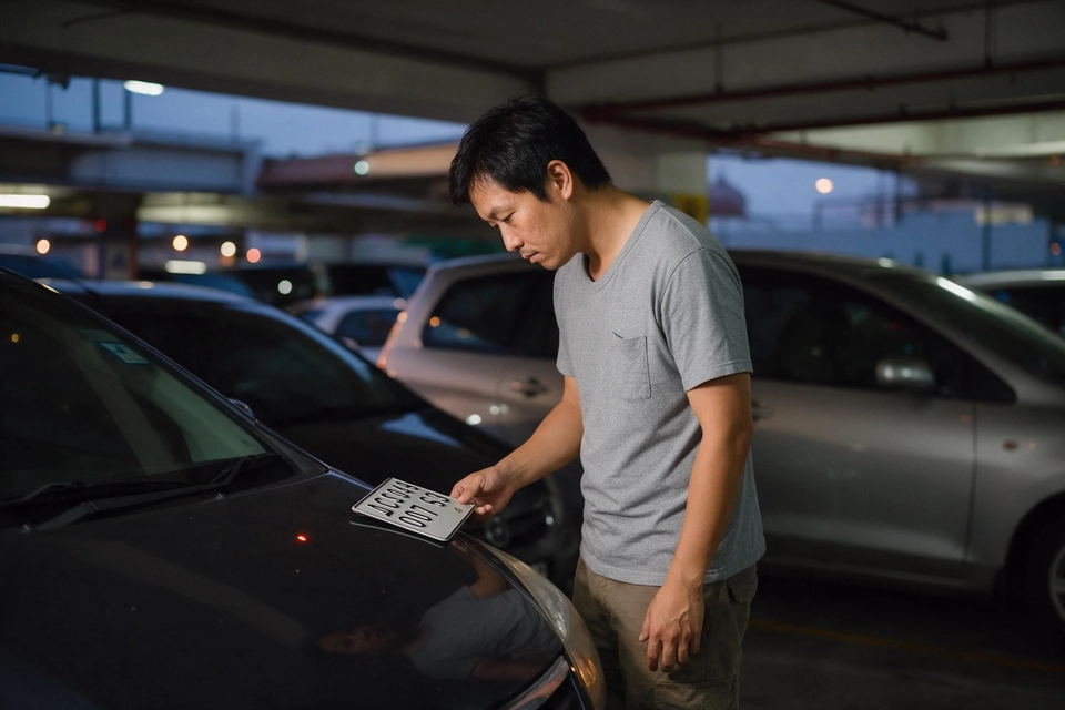 傍晚停車場內，一名車主站在私家車前，低頭看著車頭的號碼牌。