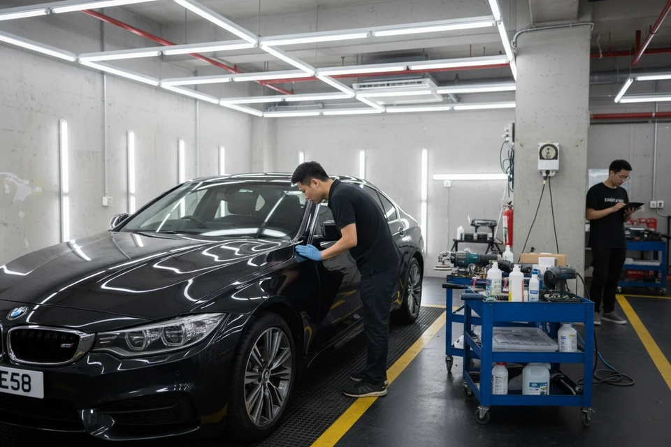 工廈汽車美容工作室內，技師戴手套在燈箱前檢查私家車車漆，旁邊放著拋光機。