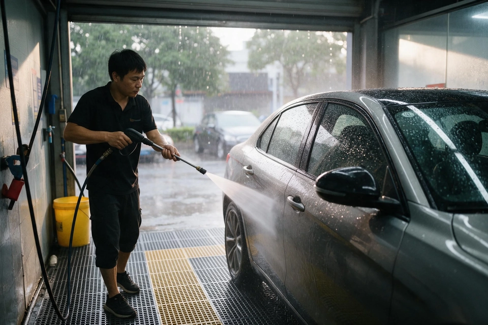 雨天洗車場內，技師持高壓水槍沖洗一輛濕透的私家車，車身與玻璃佈滿水珠。