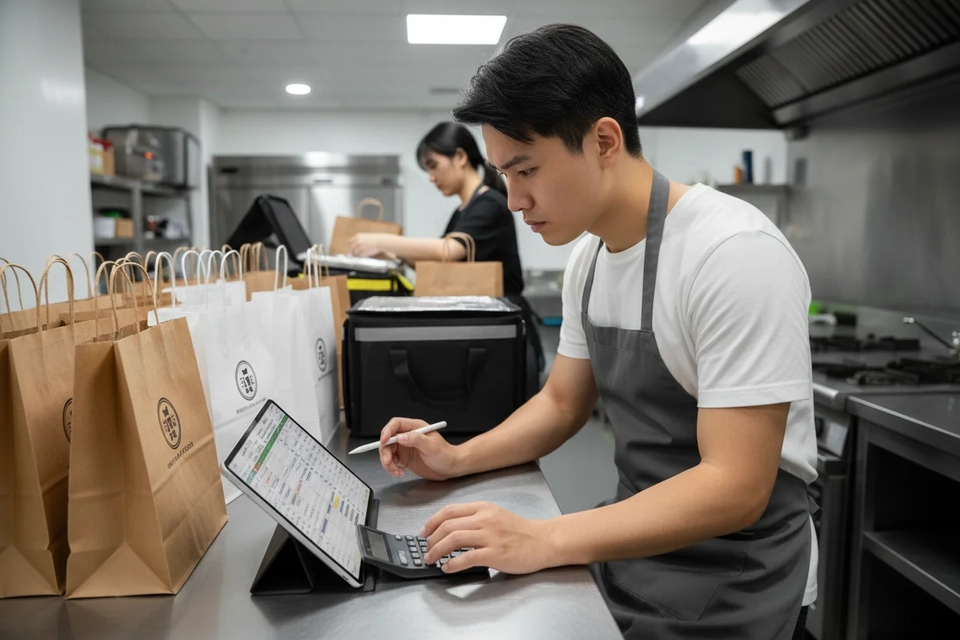 工作枱上排滿外賣袋,創業者低頭查看平板上的訂單數字。