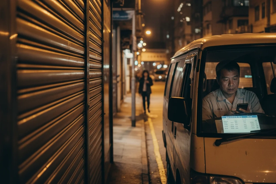 深夜街頭，一名男子坐在舊車內查看手機的銀行入數紀錄，車窗外茶餐廳已收爐。