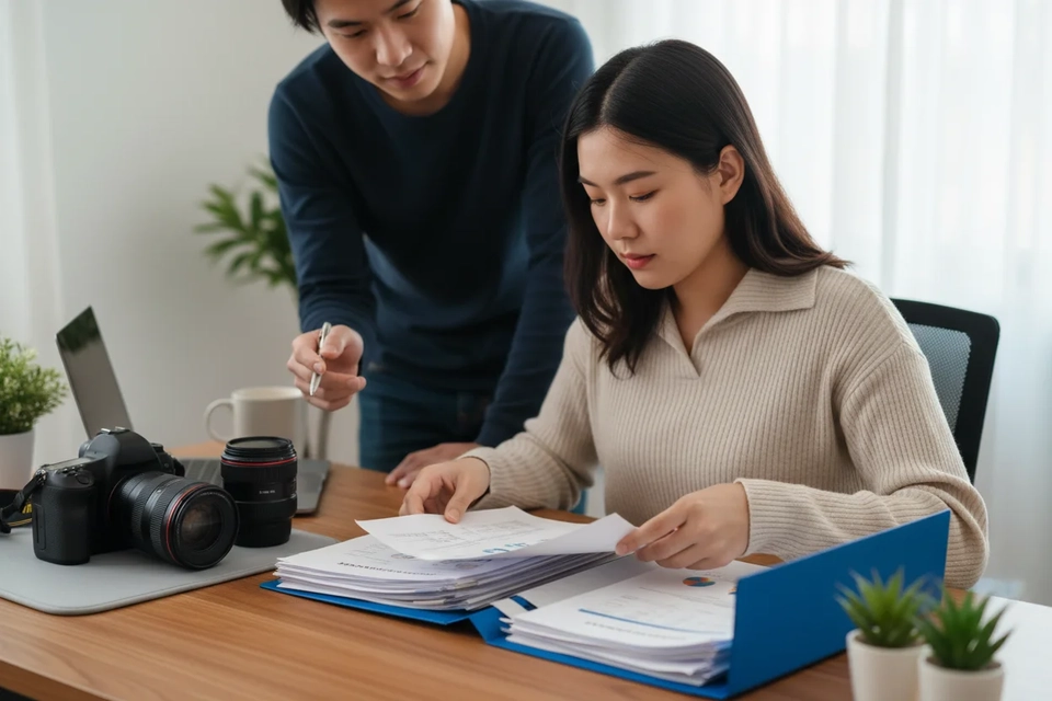 攝影師喺書桌前將銀行月結單、發票同合約逐張分類疊好,準備砌成一份完整文件。