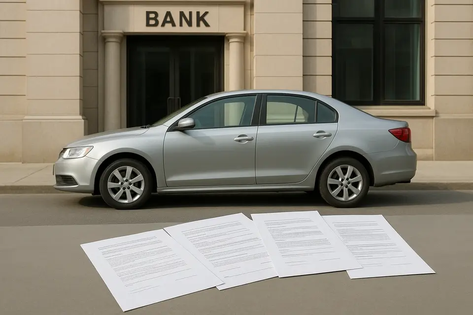 car-loan-comparison 私家車停泊在銀行門外,旁邊放著三份不同的車貸相關合約文件