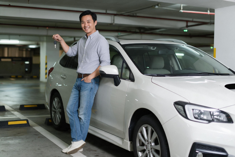 車主接過新車車匙靠在新車門旁微笑，停車場燈光柔和。